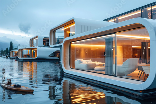 Modern floating homes, designed to withstand floods, showcasing resilient living on water with stylish, flood-resistant architecture.