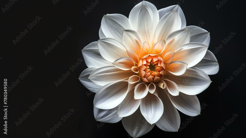 A beautiful white dahlia flower with a yellow center, isolated on a black background. The flower is in full bloom and has a perfect shape.