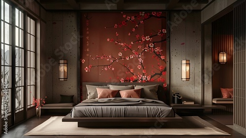 Traditional Japanese Bedroom Interior with Cherry Blossom Decor