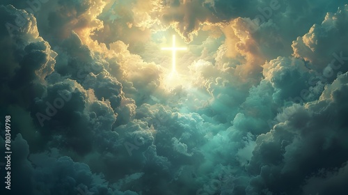 Radiant Cross in Clouds: A Vision of Jesus' Ascension to Heaven © kiatipol