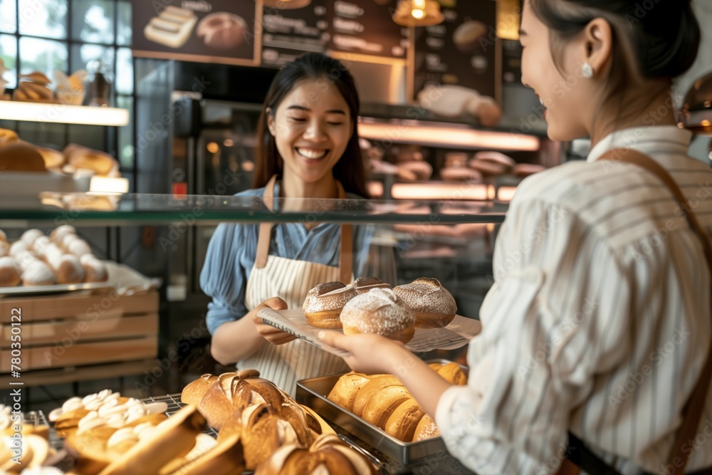 A cheerful female baker in an apron hands bread to the customer, who is holding paper bags for takeout or delivery of fresh loaves and pastries at her bakery.