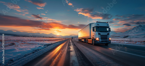Panorama of delivery truck driving on road with beautiful sunset photo