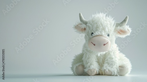 Cute fluffy white cow plush toy sitting on pastel background