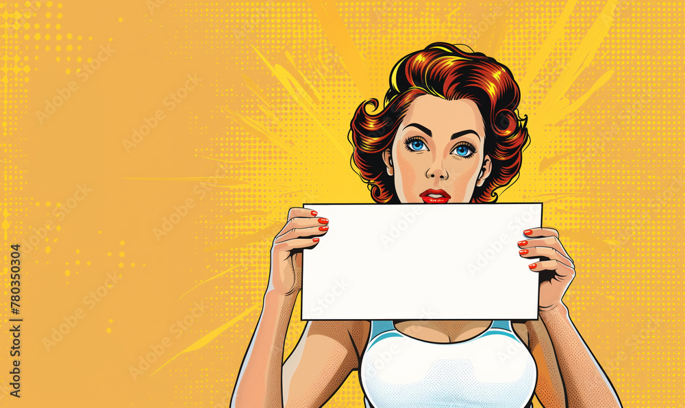 Pop art woman portrait holding blank board sign retro style comic