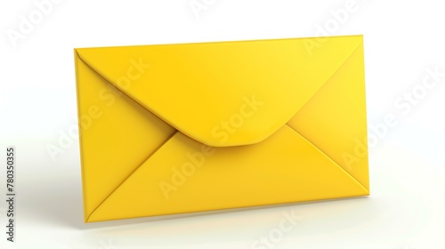 A yellow envelope is sitting on a white surface. The envelope is closed and has a flap with a triangular point in the middle. photo