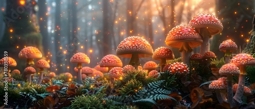 Psychedelic Forest: A Vibrant Scene with Colorful Mushrooms, Exotic Birds, and Plants. Concept Nature Photography, Mushroom Exploration, Bird Watching, Tropical Flora, Vibrant Colors © Anastasiia