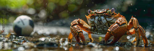a Crab playing with football beautiful animal photography like living creature