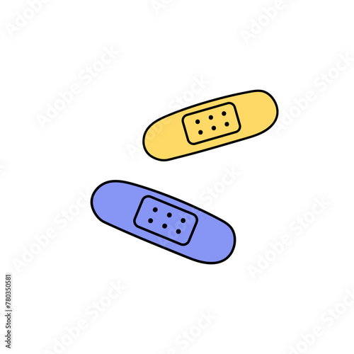 Kids' plasters. Colored bandages. Colourful patch. Sticky tapes for first aid. Cute medical strips for children. Symbol of treatment, recovery. Flat isolated vector illustration on white background