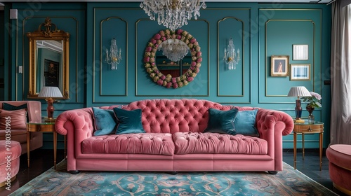 Luxurious Vintage Living Room with Velvet Sofa and Elegant Decor © lin
