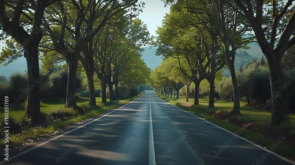 Tranquil Countryside Road Flanked by Lush Foliage and Towering Trees