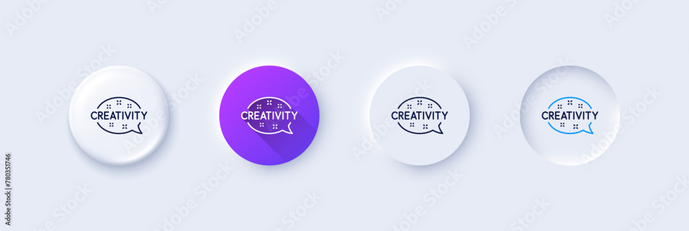Creativity speech bubble line icon. Neumorphic, Purple gradient, 3d pin buttons. Graphic art sign. Inspiration symbol. Line icons. Neumorphic buttons with outline signs. Vector Creativity speech bubble line icon. Neumorphic, Purple gradient, 3d pin buttons. Graphic art sign. Inspiration symbol. Line icons. Neumorphic buttons with outline signs. Vector