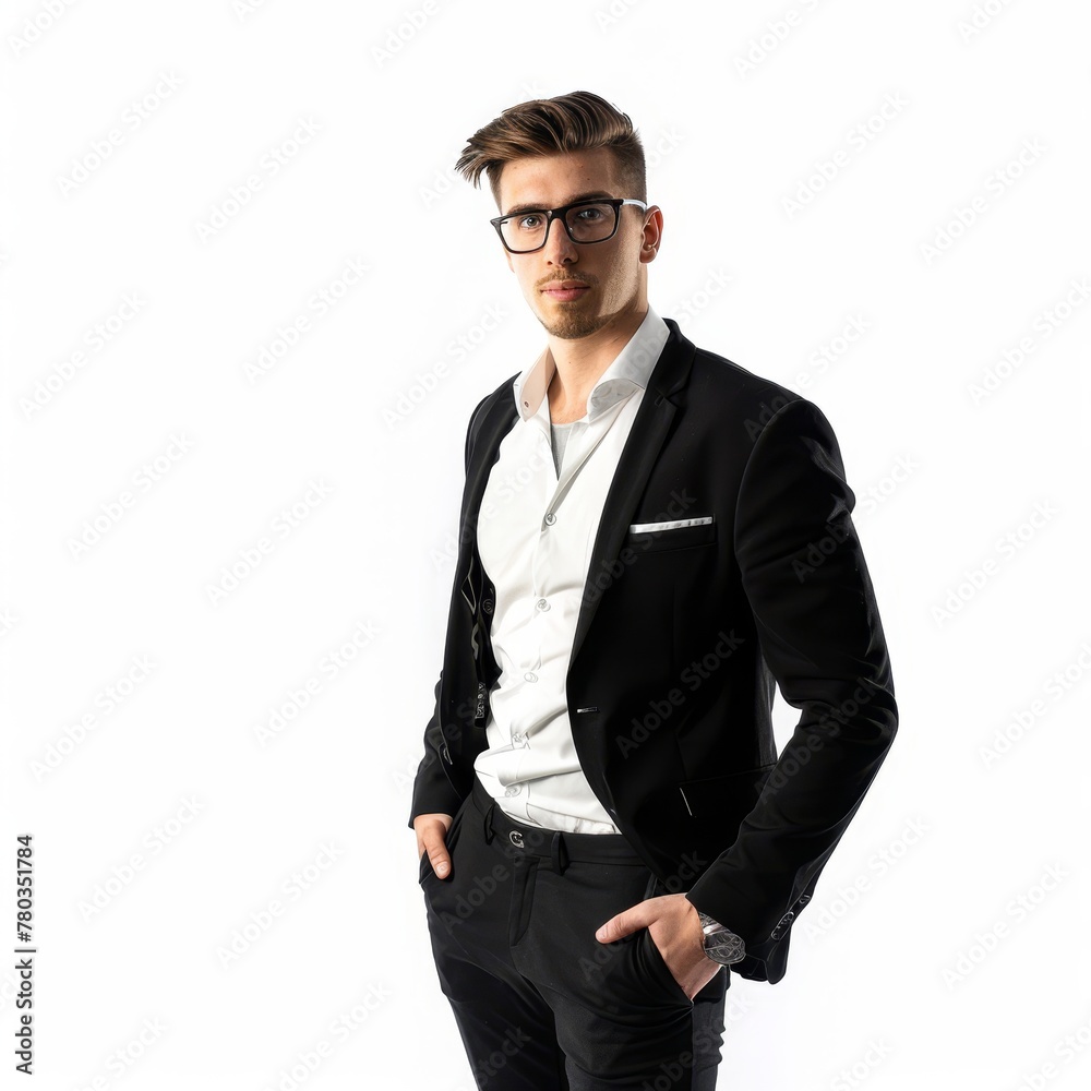 An innovative product designer in stylish, semi-formal wear, blending creativity with business acumen. on a white background An innovative product designer in stylish, semi-formal wear, blending creativity with business acumen. on a white background