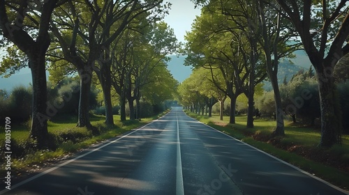 Tranquil Countryside Road Flanked by Lush Foliage and Towering Trees