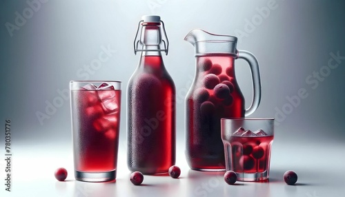 Cranberry juice in a glass, in a pitcher, in a bottle on the background