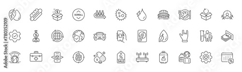 Sale coupon, Bacteria and Queue line icons. Pack of Augmented reality, Hdd, Hotdog icon. Shop app, Medicine, Business targeting pictogram. Baggage, Medical analyzes, Globe. Line icons. Vector