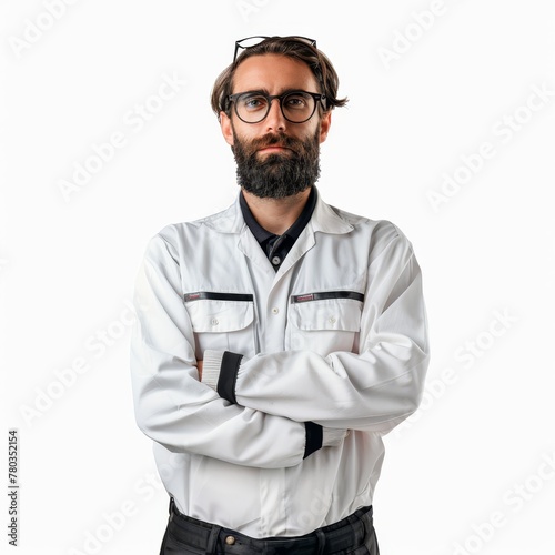 A logistics manager in a functional yet smart outfit, denoting efficiency and a global perspective. on a white background