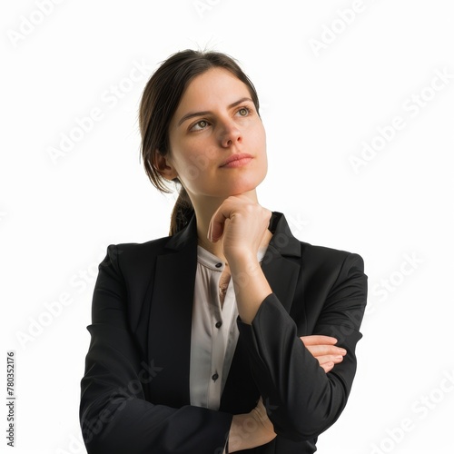 A corporate strategist in a sophisticated suit, her thoughtful gaze indicating complex problem-solving. on a white background