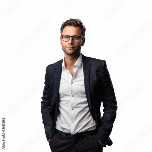 A sports management professional in a suit, with a dynamic and competitive edge. on a white background 