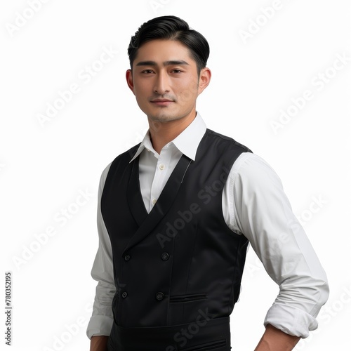 A hospitality manager in a welcoming, yet impeccably stylish uniform, embodying service excellence. on a white background 