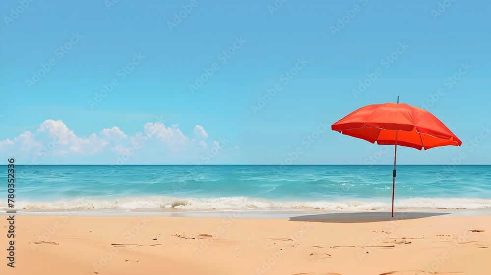 Vibrant Red Beach Umbrella Providing Shade on Serene Ocean Shoreline with Breathtaking Scenic Views