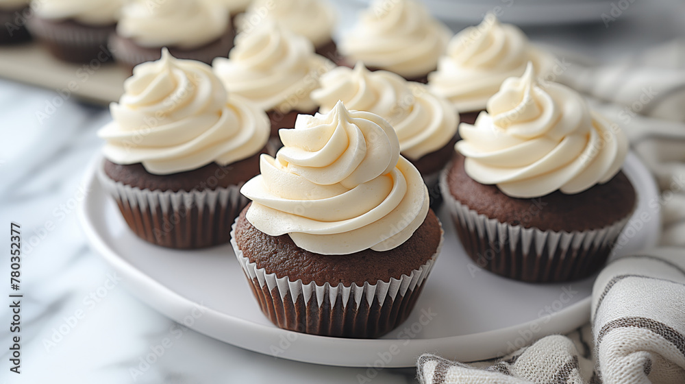 Chocolate cupcakes with whipped cream on marble table.