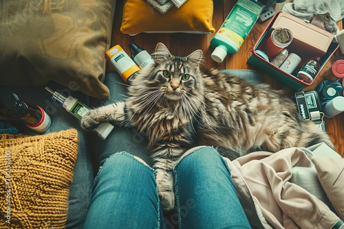 Cat lounges beside its owner, surrounded by pet care essentials, illustrating the heartwarming connection between pets and owners.