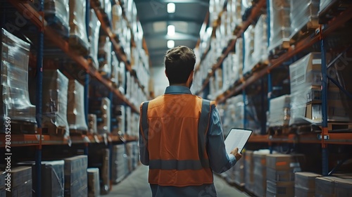 Warehouse Worker Inspecting Inventory and Tracking Goods with Digital Tablet in Organized Industrial Storage Facility