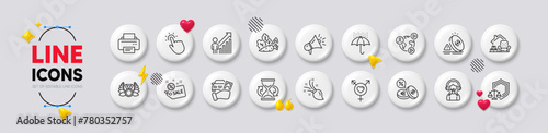 Laureate medal, Rent car and Genders line icons. White buttons 3d icons. Pack of Currency exchange, Touchpoint, Packing things icon. Megaphone, Sale, Vegetables pictogram. Vector