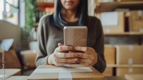 Young Entrepreneurial Woman Using Smartphone for Online Business at Home Office Workspace