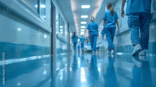 Healthcare professionals in scrubs walk through a brightly lit hospital corridor, reflecting the dynamic pace of medical work. photo