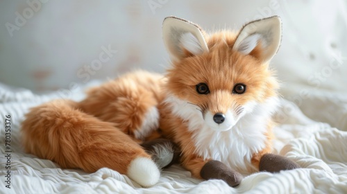 Stuffed toy fox with plush fur looking cute and fluffy on a cozy domestic setting