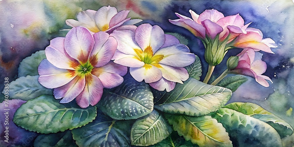 Beautiful Primroses painted with watercolor, Primroses Watercolor, Spring Watercolor flowers, Spring Background