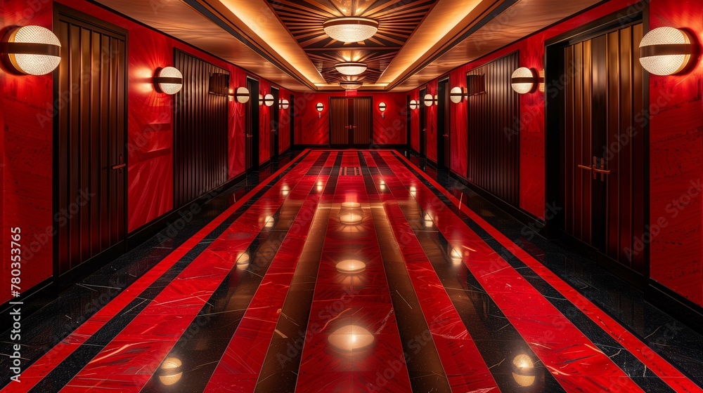 Luxurious Hotel Corridor with Red and Black Marble Flooring