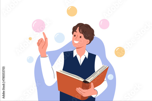Guy student with book in hands reads science fiction literature and stands among air bubbles. Student bookworm with textbook rejoices at opportunity to extract knowledge from encyclopedia