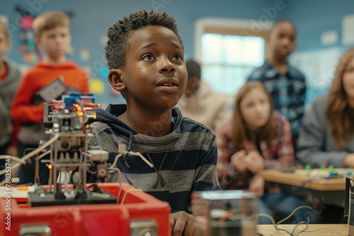 In a classroom, a young inventor presents a contraption invented gadget, sparking curiosity and igniting imaginations. photo