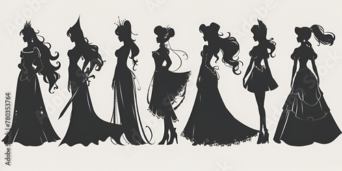 Set of silhouettes of princess on white background. . generative ai 