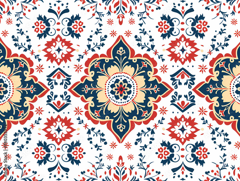 Fototapeta premium Pattern seamless design, wallpaper, flower, fabric, carpet, mandalas, clothing, wrapping, sarong, tablecloth, shape, geometric pattern, ethnic pattern, traditional. illustration