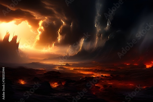 A digital painting of a fiery landscape with a dark sky, glowing orange clouds, and lava flowing below.