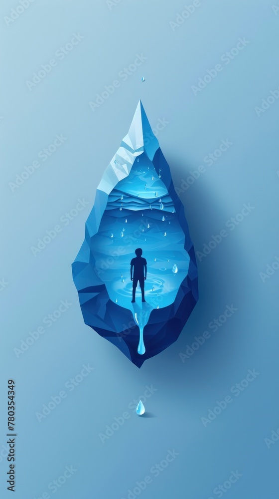 Obraz premium A man is standing in the middle of an iceberg surrounded by icy waters, showcasing the vastness and remote nature of the Arctic environment Concept of World Water Day