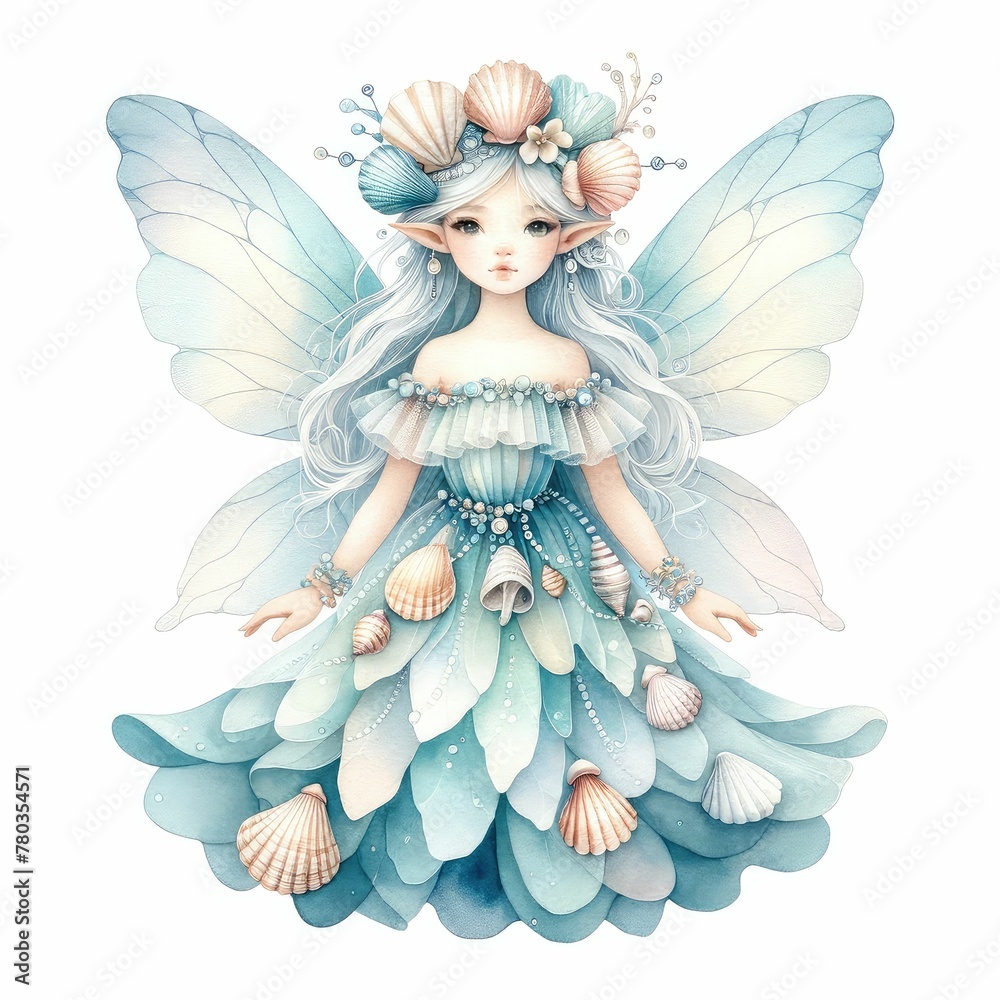 Sea fairy with seashell accessories. watercolor illustration, Perfect for nursery art, sea and ocean animals, underwater plants. Fairy tale characters. white background.
