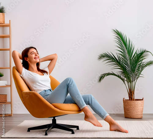 Young woman sitting in a comfortable chair, enjoying free time in her apartment