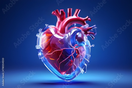 a see-through human heart on a blue background. The heart is filled with red and blue colors, and there are some transparent vessels.
