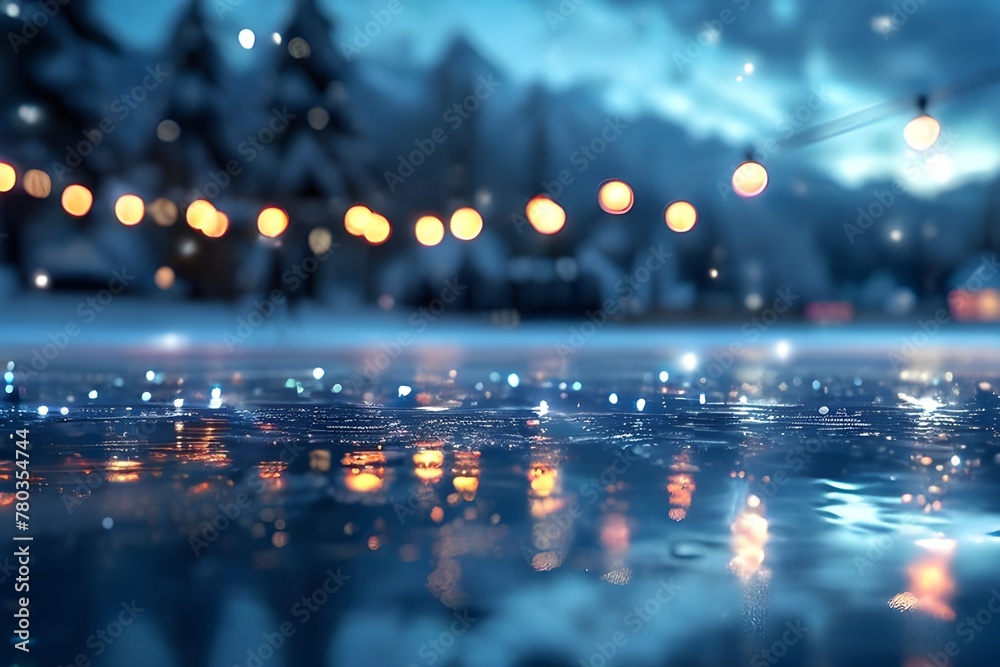  a snowy night in a forest. The ground is covered in snow, and there are street lights in the background illuminating the scene. The focus of the image is a puddle of water reflecting the lights, crea - obrazy, fototapety, plakaty 