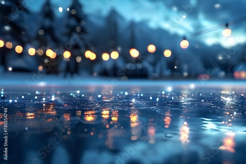  a snowy night in a forest. The ground is covered in snow, and there are street lights in the background illuminating the scene. The focus of the image is a puddle of water reflecting the lights, crea