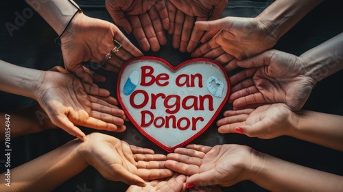 United for Organ Donation. Multiple hands form a circle around a heart-shaped cushion with 
