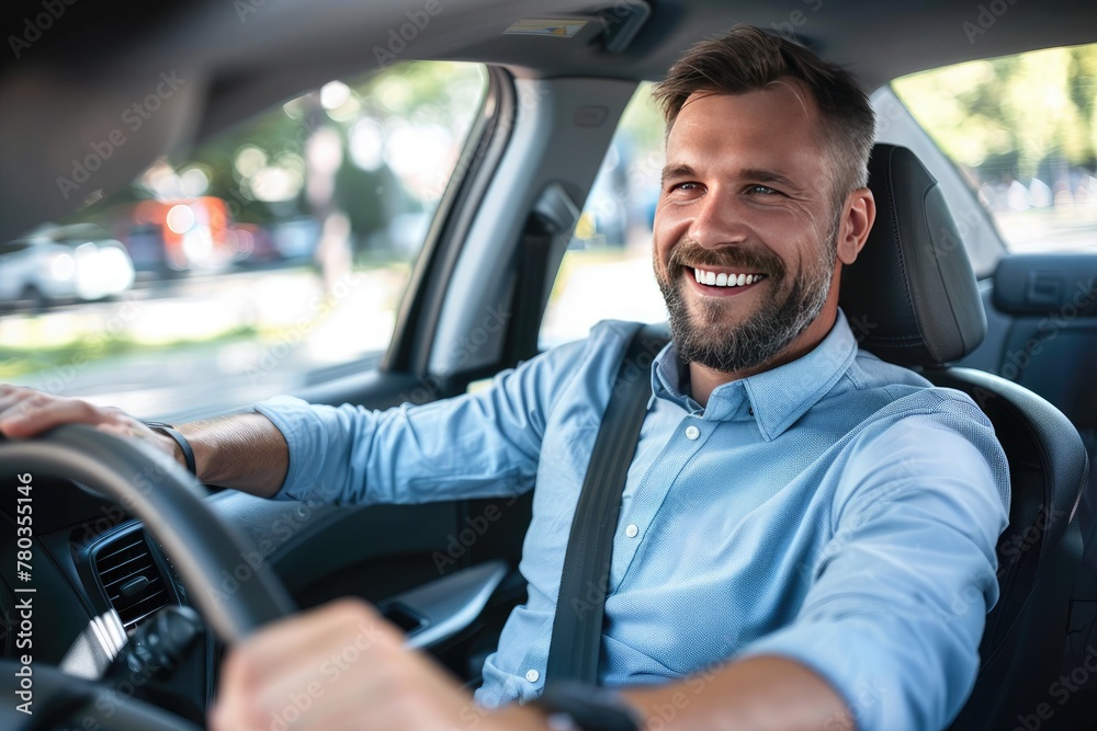 Handsome young man is driving a car and smiling driving a car with a clear view of the city through the window. showcasing safe driving with a seatbelt