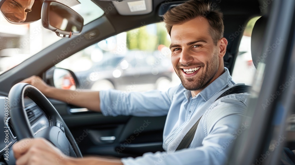 Handsome young man is driving a car and smiling driving a car with a clear view of the city through the window. showcasing safe driving with a seatbelt