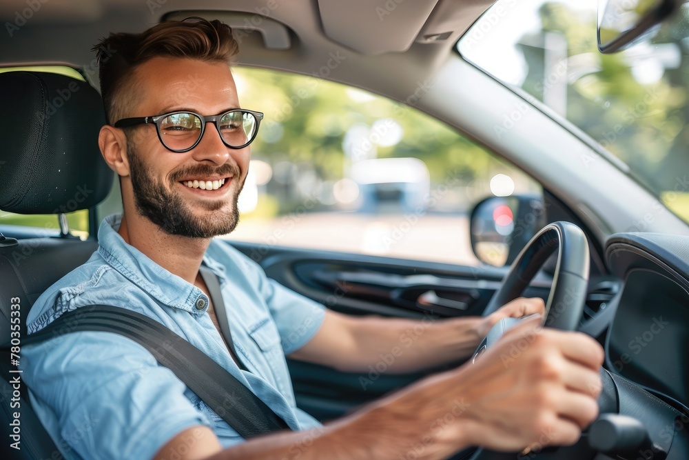 Handsome young man is driving a car and smiling driving a car with a clear view of the city through the window. showcasing safe driving with a seatbelt