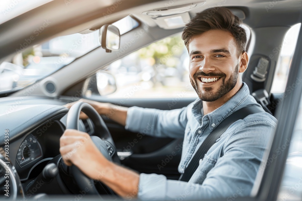 Handsome young man is driving a car and smiling driving a car with a clear view of the city through the window. showcasing safe driving with a seatbelt