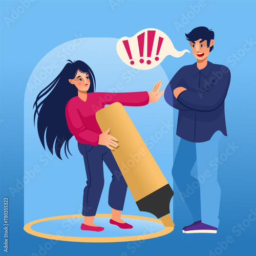 Woman sets personal boundaries and pushes away intrusive guy by drawing line around herself. Concept of importance of personal boundaries for achieving psychological health and mental harmony